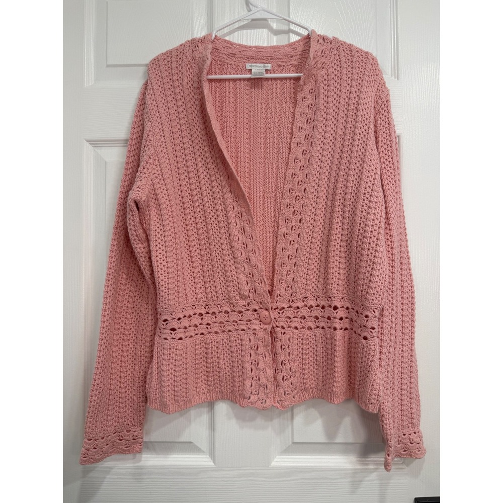 Worthington Womens Pink Crochet Knit Single Button Cardigan Sweater XL Cotton